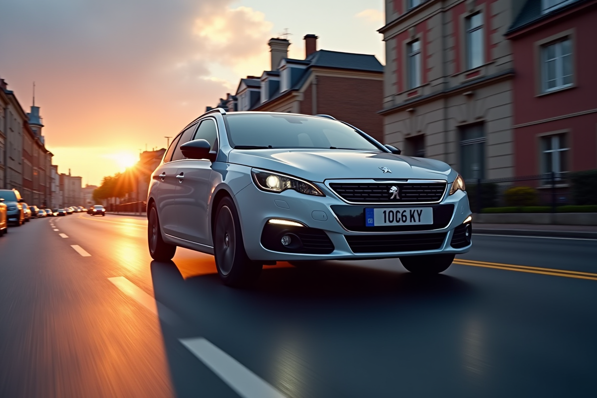 Peugeot 308 SW roulant en ville au crépuscule avec reflet réaliste