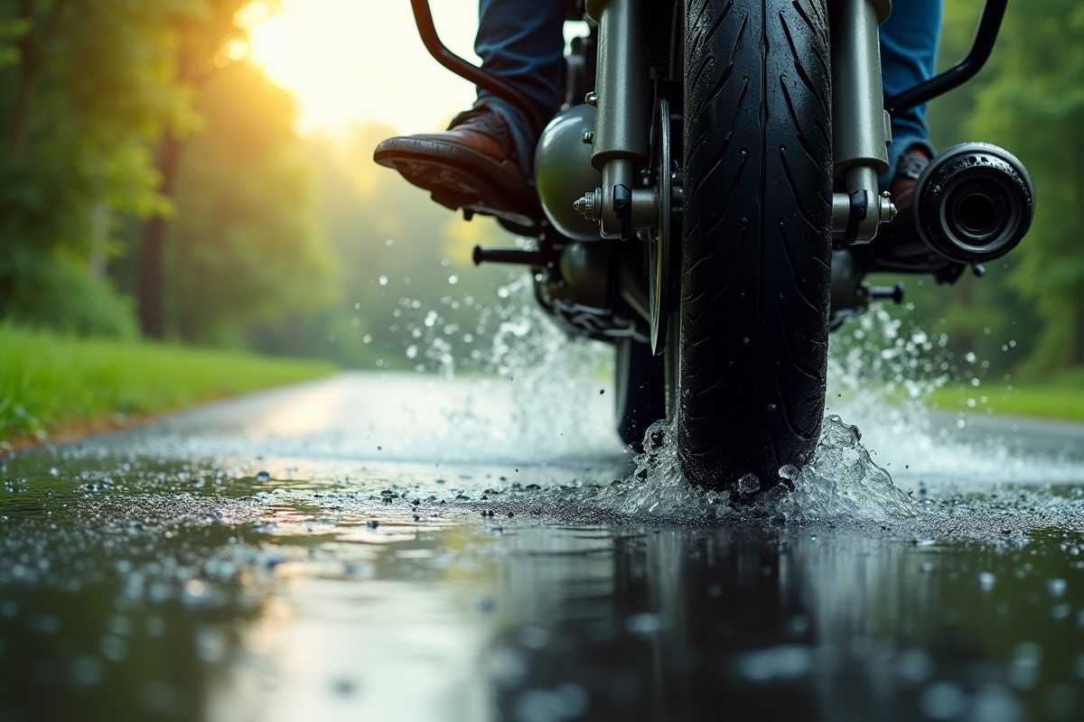 Gros plan sur pneu de moto sur route mouillée avec éclaboussures