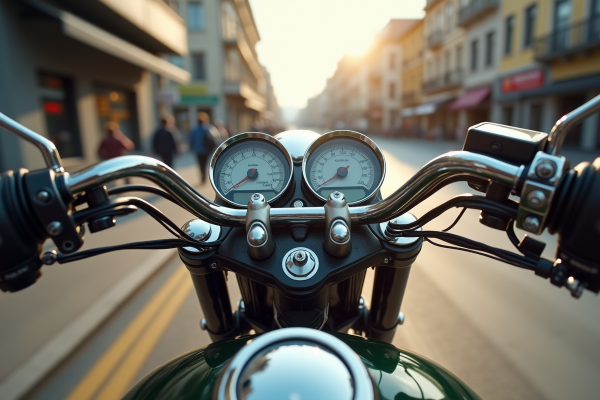 Tableau de bord de moto avec main et pied près de la pédale en ville