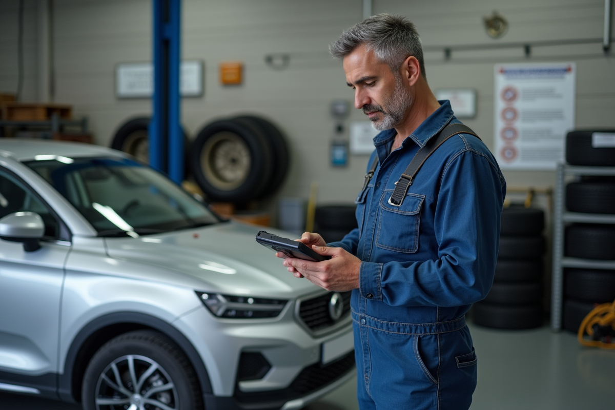 Technicien en overalls bleus avec tablette d inspection automobile
