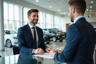Vendeur automobile en costume dans le showroom moderne