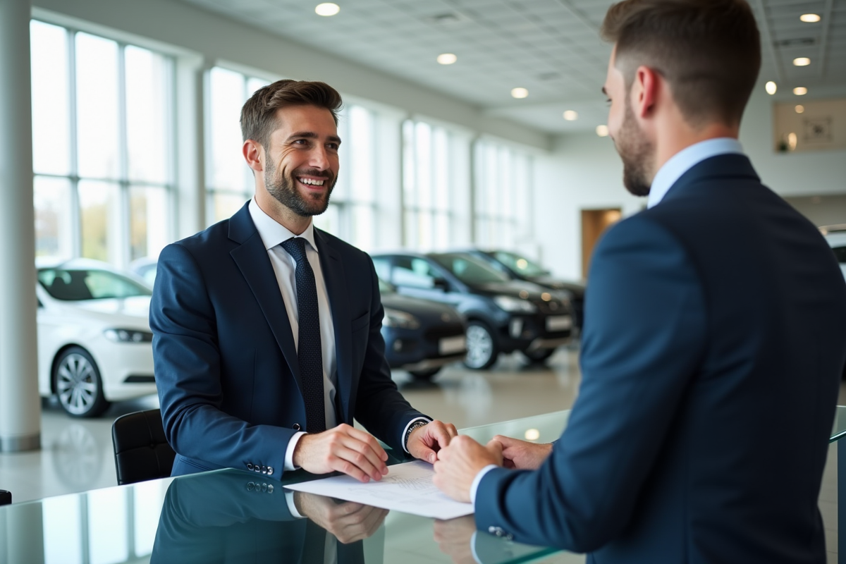Vendeur automobile en costume dans le showroom moderne
