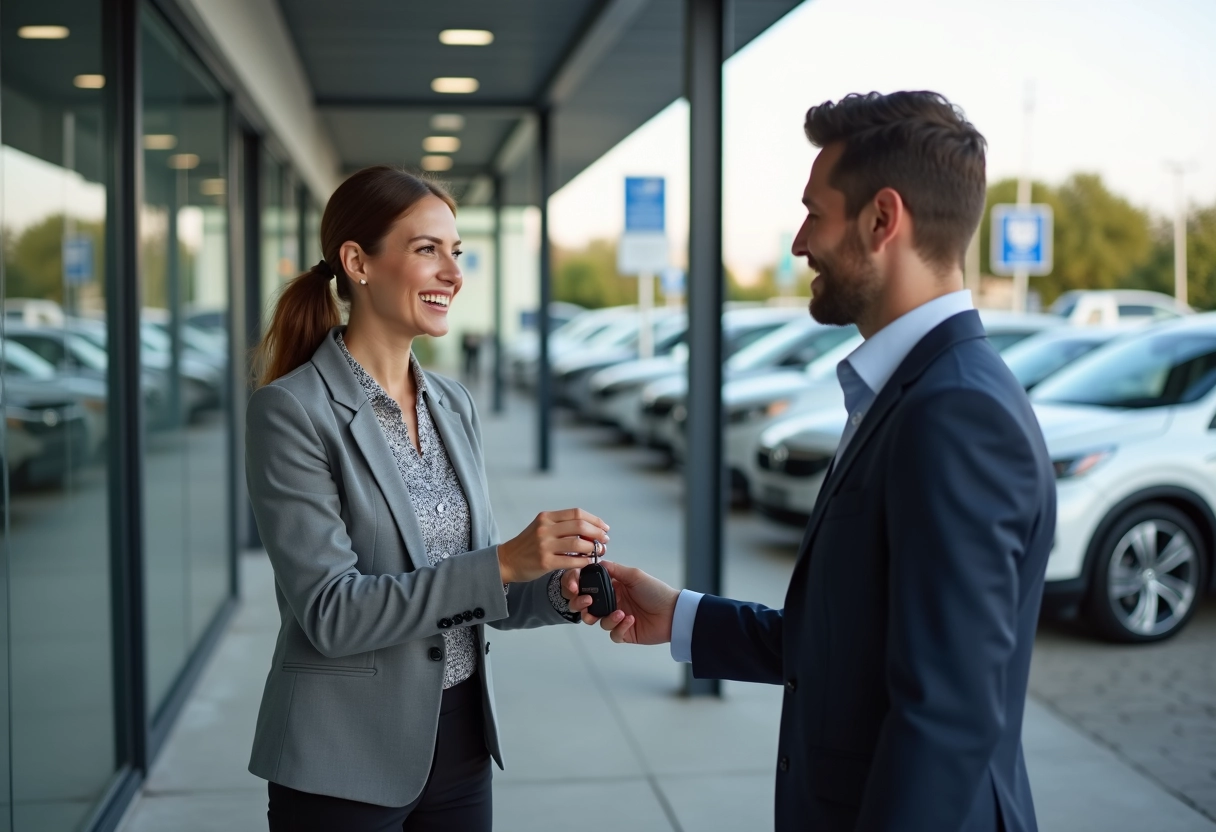 Vendeuse remettant les clés à un couple devant le concessionnaire