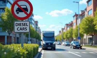 Rue urbaine avec panneau interdiction diesel et voiture électrique