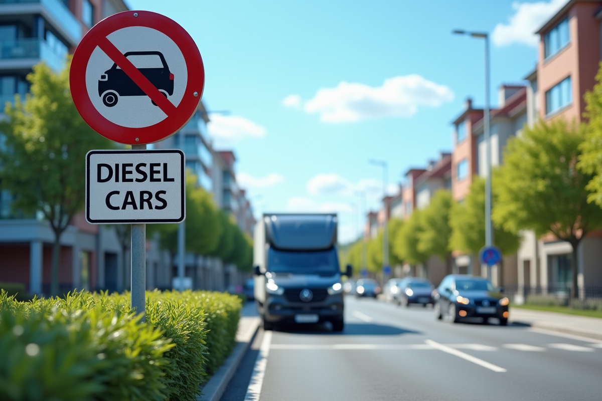 Rue urbaine avec panneau interdiction diesel et voiture électrique