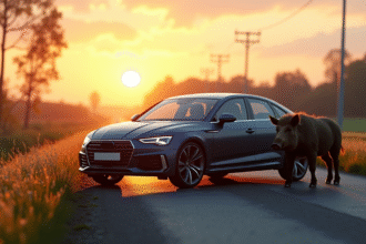 Voiture moderne au lever du soleil avec un sanglier à côté